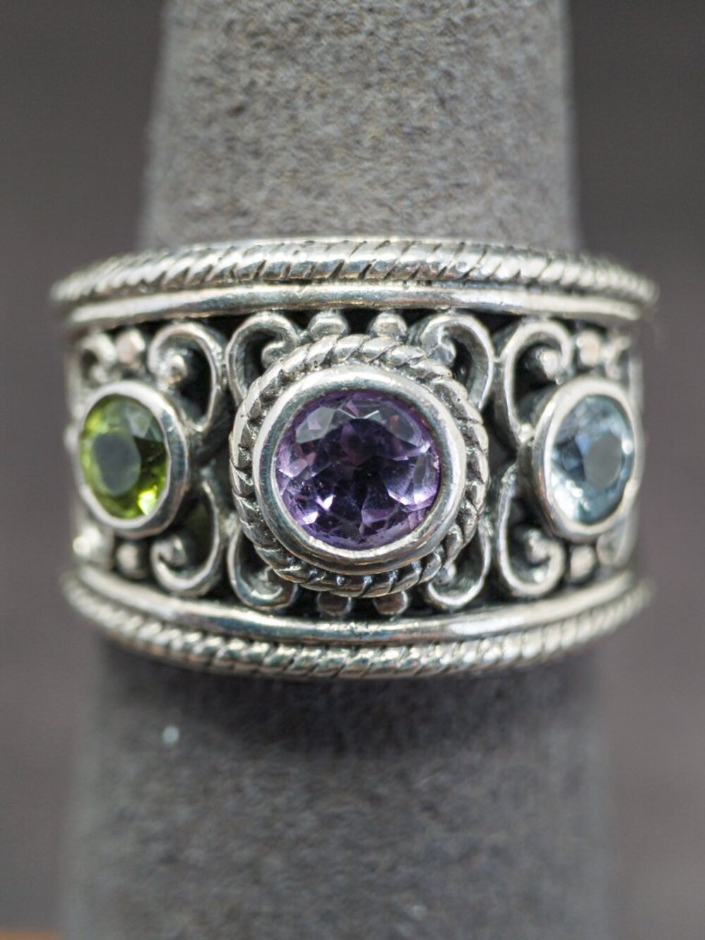 Pranda Jewelry 925 Silver Amethyst Topaz Peridot Scroll Ring Sz 6